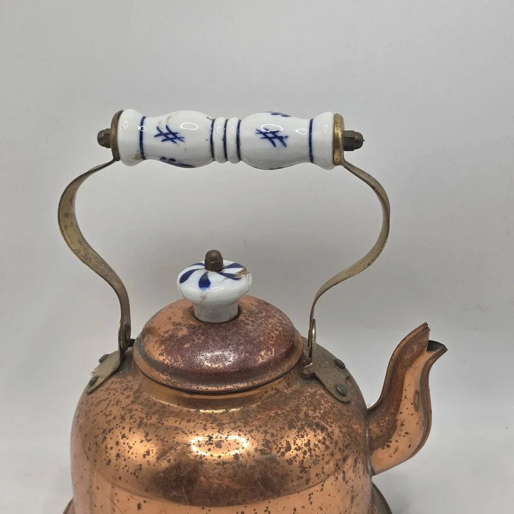 Portugal‎ Copper Tea Kettle Vintage Floral Ceramic Handle Rustic Farmhouse Decor